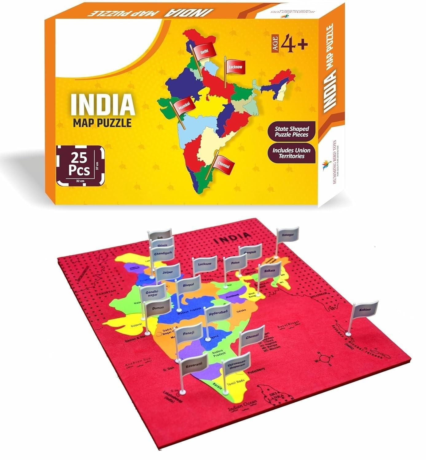 Jigsaw Puzzle of Indian Map with State Capitals and Flag