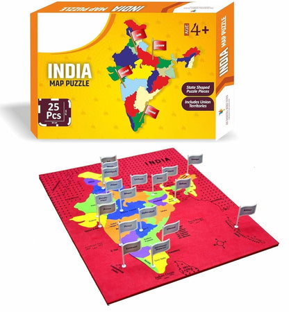 Jigsaw Puzzle of Indian Map with State Capitals and Flag